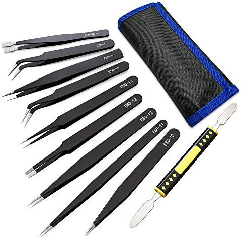 MNBS ESD Pinzetten Set 10Stk Präzisions Antistatisch Edelstahl + Brechstange Toolkit,Reparatur Werkzeug,Modellbau Pinzette für Computer Elektronische Reparaturen Schmuck Präzisionsarbeit Laborarbeit…