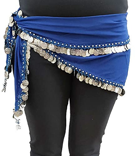 Genérico Bauchtanz Ägyptischer Hüfttuch mit Münzen, ideal für Übungen und Choreografien des orientalischen Bauchtanzes, Blau, Silber, Large