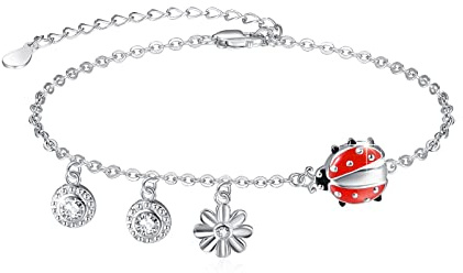 JFASHOP Mariquita Pulsera Regalos Ladybug Red Ladybug Negro Puntos 925 Plata de Ley Ladybug Joyería para Niñas Mujeres Insectos Amantes, 22.86 cm, Plata
