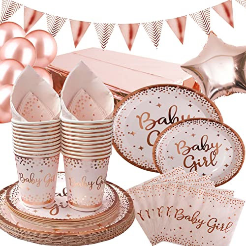 DUGEHO 89 Piezas Baby Girl Platos Fiesta Vajilla Papel Cumpleaños Platos, Servilletas, Vasos, Mantel, para Baby Shower Compromiso Suministros de Fiesta(20 Invitados)