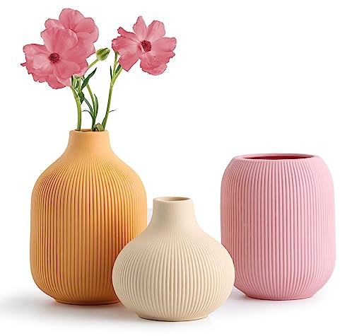 Deko-Keramikvase, kleines Boho-Vasen-Set für Zuhause, Moderne, minimalistische, rustikale Blumenvase für Regal, Tisch, Bücherregal, Kaminsims und Eingang (Rosa + Hellgelb + Orange)