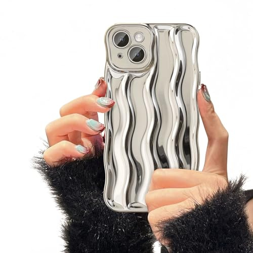UEEBAI Hülle für iPhone 13 6.1 inch, Wasserwellen-Muster Silikon Handyhülle, Lockige Wellen Rahmenform Soft TPU Case mit Anti-Kratzen Stoßfeste Schutzhülle TPU Bumper Cover - Silber