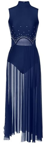 iEFiEL Damen Tanzkleid mit Strass Mesh Ballettkleid Ballett Trikotanzug Jumpsuit Tanzbody Overall Gymnastik Wettbewerb Tanzkostüm Navy blau XXL