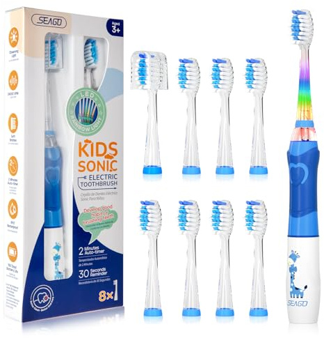 SEAGO Kids Electric Toothbrush with 2 Mins Brushing Timer and 8 Replacement Brush Heads,Rainbow LED Light Makes Brushing Fun, Battery Powered Toothbrush for Boys & Girls Ages 3-6-8 Years Old,Blue