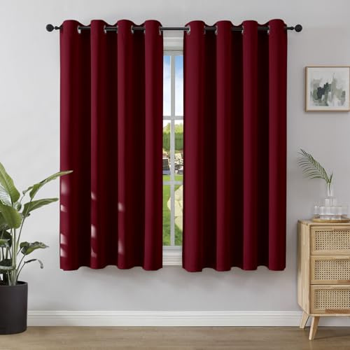 Joydeco Verdunkelungsvorhänge Weinrot mit Ösen 2er Set H 137 x B 117 cm, Kurze Vorhänge Blickdichte 137 cm Lang für Küche Schlafzimmer