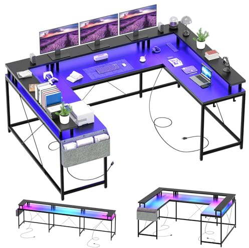 Jojoka U-Shaped Computer Gaming Desk with Power Outlets, LED Strip & Monitor Stand, Large Corner Desk with Storage Shelves for Home Office, Black