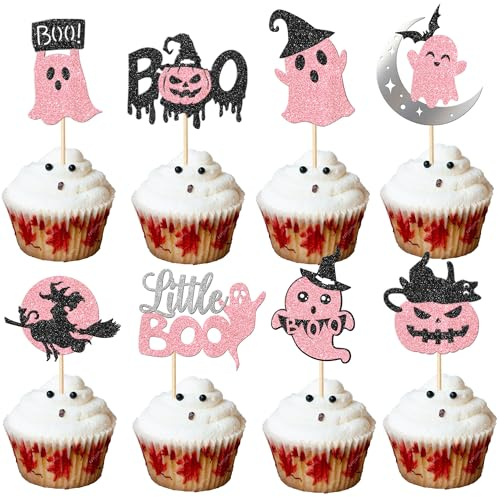 Xsstarmi 32 Stück Kürbis-Boo-Cupcake-Topper Glitzer Little Boo Cupcake Picks Mond Geist Kuchen Dekorationen für Halloween Thema Hexe Geist Babyparty Geburtstag Party Supplies