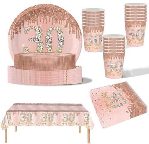 69Pcs Rose Gold 30th Birthday Party Tableware,Pink 30th Birthday Tableware Set with 32P Paper Plates,20P Napkins,1P 30th Table Cloth,16P Paper Cups for Women Her Birthday Party Table Decorations