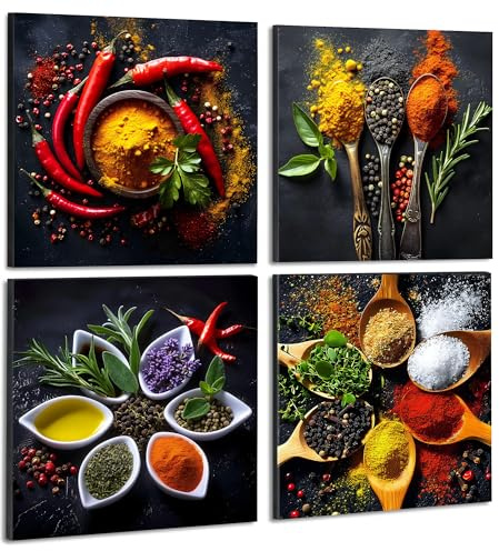 Deveosa Kitchen Wall Art Decor - 4 Pieces Colorful Spices And Spoon Kitchen Artwork Frames Food Wall Art Pictures Canvas Dining Room Modern Decorations