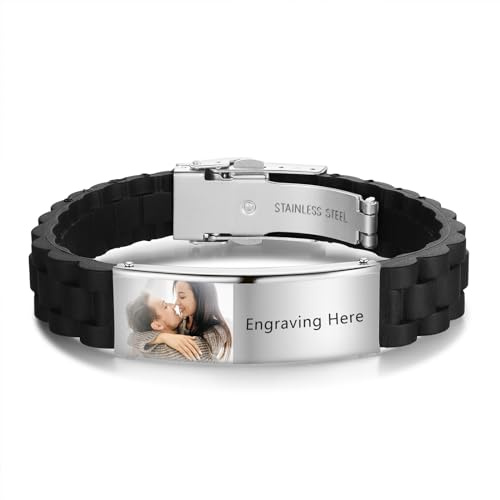 Jeweidea Bracciale Uomo Silicone Bracciale con Foto Personalizzata Bracciale Uomo Famiglia Nomi Bracciali Coppia Regalo Papà Regali Uomo Compleanno Regali Personalizzati per lui (#Argento)