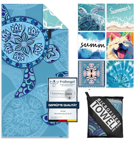 Giyim Strandhandtuch Groß - 180 x 100 cm Strandtuch Mikrofaser mit Tasche, Saugfähig und Schnell Trocknende Strandtuch, Weiches & Leichtes Beach Towel für Strand, Schwimmen (Schildkröten)