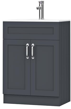 BELOFAY Crawley Grey 600mm Floor Standing Bathroom Vanity Unit With Basin - Laquered Cloakroom Vanity Unit with 1 Tap Hole Ceramic Basin and Soft Close Hinges. (WASTE INCLUDED)