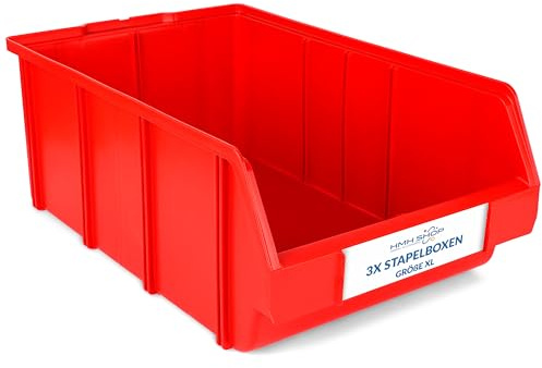 HMH Stapelboxen der Größe XL 489x304x185mm für dein Kleinteilelager, Sortierkisten in 5 Farben, Zubehör wie Deckel Trennsteg Beschriftungsfach Etikett Wandschiene Sichtkästen (Rot, 3 Stück)