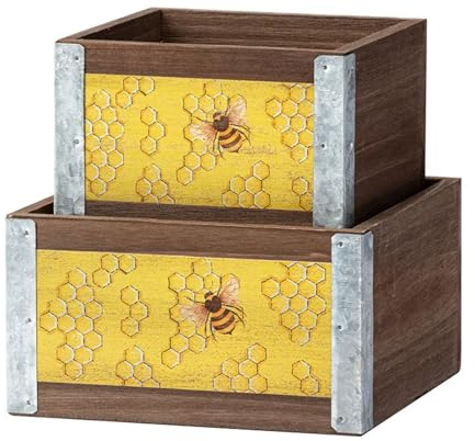 Napco Hummelwabe, groß, 15,2 x 9,5 cm, klein, 12,7 x 8,9 cm, gelbe und braune Holzblumen, Sukkulenten, Pflanzgefäß, Behälter, Box, Innen- und Außenbereich, Gartendekoration, 2-teiliges Set
