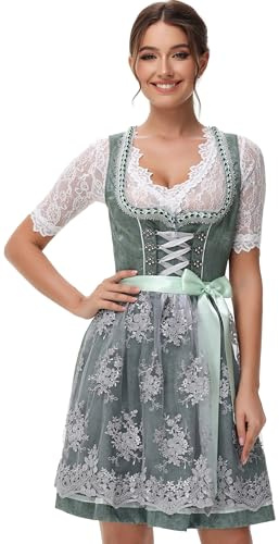 TrendiMax Trachten Damen Dirndl Midi Dirndlkleid Trachtenkleid Elegantes Kleid für Oktoberfest, inkl. Spitzenschürze 50CM, Edelgrün, 36