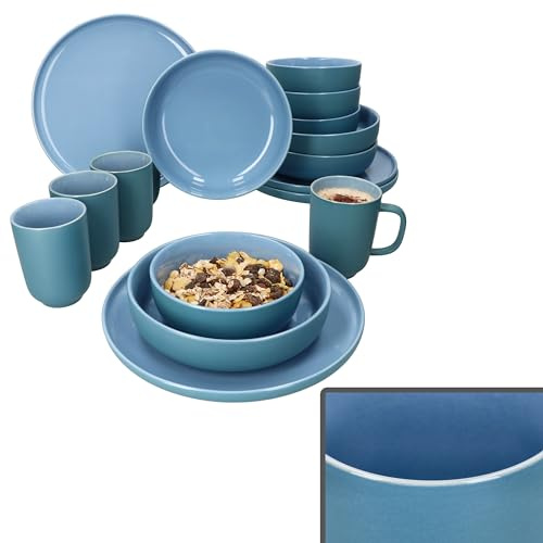 Ritzenhoff & Breker Jasper Ozeanblau 16tlg Kombiservice für 4 Personen I Steingut-Geschirrset mit je 4x Kaffeebechern 250ml, Schalen 360ml, Suppenteller & Speiseteller I Frühstück & Kaffee