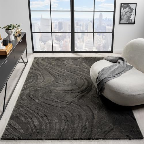 VIMODA Alfombra Prime Tipo Shaggy de Pelo Largo en Color Turquesa, alfombras Modernas para el salón y el Dormitorio, Farbe:Anthrazit, Maße:80 x 150 cm
