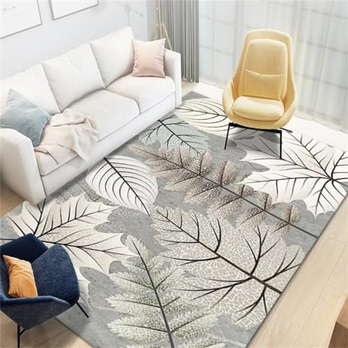 RUGMRZ Wohnzimmerteppich 70x140CM babyzimmer Teppich Aesthetic grau Maschinenwaschbarer mit großem Blattmuster