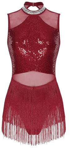 CHICTRY Lateinamerikanische Tanzkleider Damen Pailletten Glitzer Modern Dance Standard Kleid Ärmellos Ballettkleid Cut Out Trainingskleid Dancewear Burgundy S