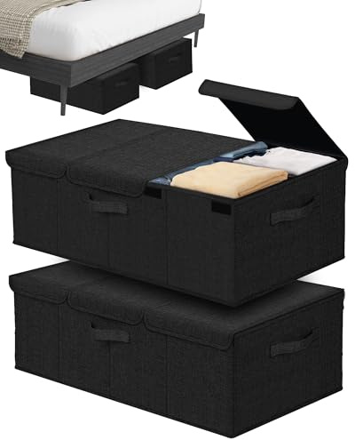 Hoyula Deep Under Bed Storage Container, 10 Tall Height Underbed Box Bin with Lids 31 Long Large Basket for Under Bed, Bedroom, Dorms, Clothes, Bed sheets, Blankets, 2 Pack, Black