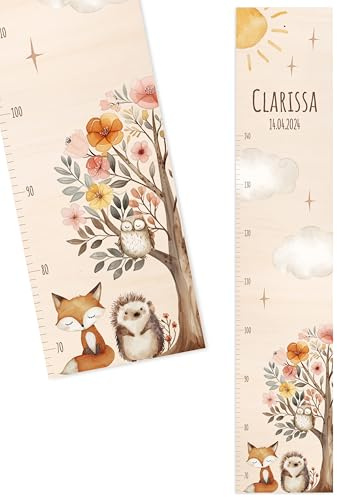 Bärenfreunde® - Personalisierte Messlatte Kind Holz zum Kleben oder Aufhängen - Skala 70-140cm - Süße Dekoration für Baby- & Kleinkinderzimmer (Kinder 70-140cm, Blumenbaum Tiere)