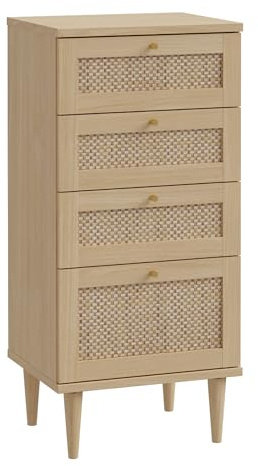 Forte CALASETTA Kommode 50, Kommode im Boho Stil, Wiener Geflecht, Sideboard mit 4 Schubladen, Elegancia Eiche Holzdekor/Technorattan, 50 cm breit x 109 cm hoch x 41 cm tief