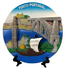 Assiette décorative 3D en polycéramique peinte à la main avec monuments de Porto – Souvenir et cadeau parfaits du Portugal (15 cm ou 20 cm) (Porto Douro en bleu (20 cm)