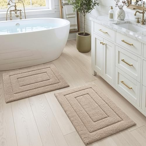 DEXI Badematte rutschfeste Set 50 x 80 cm, 2er Pack weicher Mikrofaser Badezimmerteppich, saugfähiger Badteppich, maschinenwaschbar Badvorleger für Dusche, Badewanne und Toilette, Beige