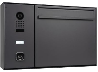 Hello Briefkasten mit DoorBird D1100E IP-Video-Sprechanlage und ekey sLine Fingerprint – Smarter Briefkasten, Öffnung per Finger, Aufputz, Wandmontage, Edelstahl, matt anthrazitgrau RAL 7016