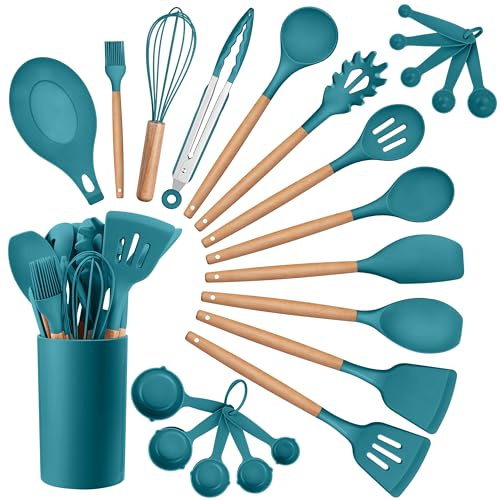 HaWare Kitchen Cooking Utensils Set, 23-Piece Silicone Kitchen Utensils Spatula Set with Holder, Heat Resistant Wooden Handle Kitchen Gadget for Nonstick Cookware, Food-grade Turner Spoon Sets (Blue)
