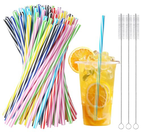 100 Paille Reutilisable avec 3 brosses de nettoyage, Paille En Plastique, Paille Plastique colorées pour smoothies, jus, thé au lait et cocktails (23 cm de longueur, 7 mm de diamètre)