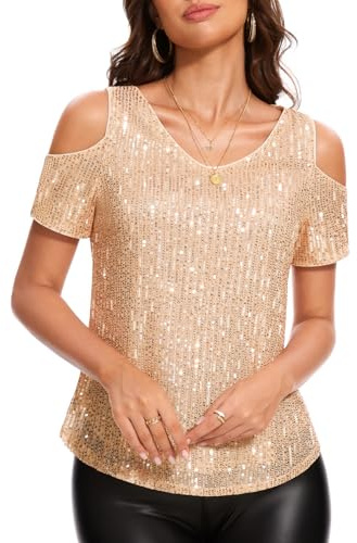 DRESSTELLS Gold Sparkly Sequin Short Sleeve Shirt, Women V Neck Cold Shoulder Glitter Dressy Party Blouse for Fall Wedding Guest Tops Champagne 2XL