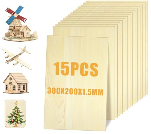 15 Stück Sperrholz 300 x 200 x 1,5 mm, Natürliches Lindensperrholz Holz Platten, Laserfähig Sperrholaplatte, Bastelholz Holzplatte zum Basteln Bastelholz Platten für DIY Handwerk, Malen, Modell