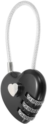 M METERXITY 1-Pack Combo Padlock Heart 3-Digit Password, Black | Zinc Alloy Cable Luggage Combo Lock, for Suitcase, Gym Locker, Backpack, Outdoor Keyless Lock