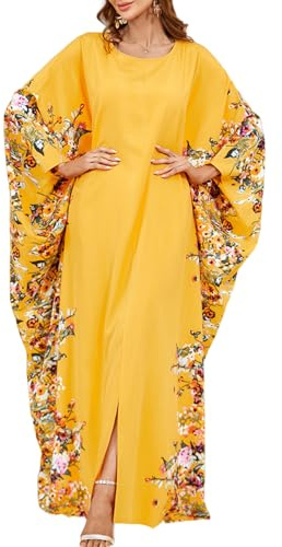 Kaftanklänningar för kvinnor, V-hals fladdermusärmar kaftan klänning gul blommig Dubai muslimsk klänning en storlek lång pakistansk Eid Ramadan bröllpsklänningar