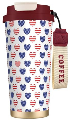 Mug isotherme en forme de cœur aux couleurs du drapeau américain, 100 % étanche, en acier inoxydable 316, avec couvercle et paille, idéal pour l'eau, le thé glacé, le café, les smoothies et bien plus
