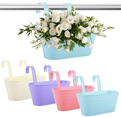DAJAVE 4 Pack Balcony Planters for Railing Over Fence Planter, 27cm Metal Hanging Planters Outdoor Hanging Flower Pots Large Plant Pot with Hook Hang Planter for Garden Fence Balcony Decor