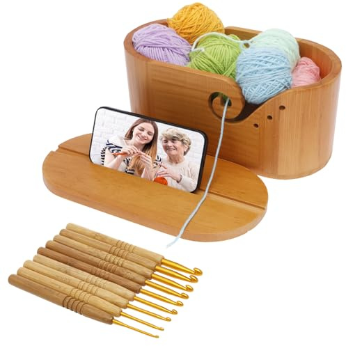 Wood Yarn Bowl Oval with 9 Pcs Knitting Hooks, 10.8x5.4x4.8 inch, Wooden Yarn Bowl Oval with Lid and Double Curling Slots, Large Crochet Wool Holder for Knitting Yarns Balls Storage