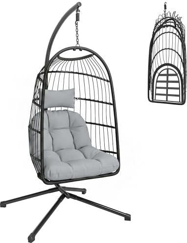Outsunny Hängstol med ram, vikbar polyrattan hängkorg med kudde
