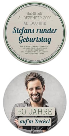Kartenmachen.de 10 x Runde Geburtstag Einladungskarten Foto Einladung - Bierdeckel Motiv Auf'm Deckel