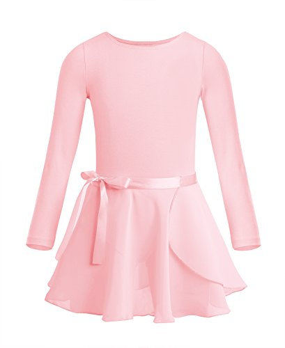 TiaoBug Mädchen Ballettkleid Langarm/Kurarm/Ärmellos Ballett Trikot Baumwolle Ballettanzug mit Abnehmbar Rock Kinder Ballettkleidung Set Gr. 98-164 Perlenrosa Langarm 122-128
