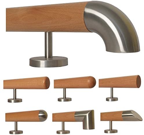 TIBU Buche Holz Handlauf für Treppe Geländer gerade Edelstahlhalter, Länge 30-500 cm aus einem Stück/zum Beispiel Länge 60 cm mit 2 gerade Halter und Enden Edelstahlbogen