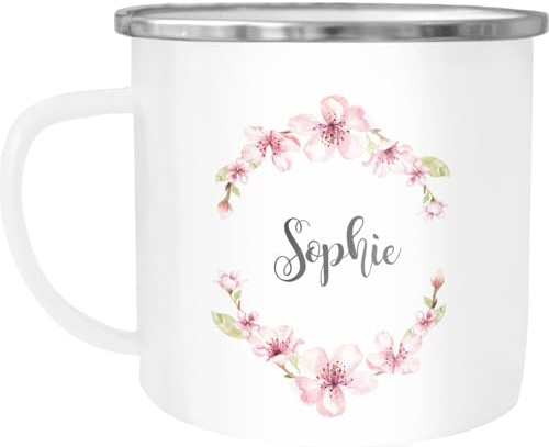 SpecialMe® Emaille-Tasse mit Namen Blumen Emaille-Becher personalisierte Geschenke Frauen Mädchen Namensbecher Weiss-metall Emailletasse