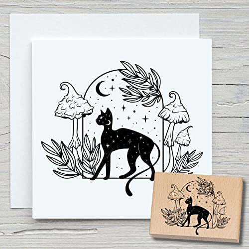 NEWSTAMPS Stempel Mystische Katze Motivstempel aus Holz & Gummi zum Karten und Geschenke basteln, Holzstempel für Tiere, Nacht, Magie, Scrapbook, Textilstempel, Deko, Freunde