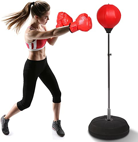 lyrlody Sac de Frappe sur Pied Réglable avec Ballon de Vitesse Kit Entraînement Boxe Support Haute Stabilité Base Remplissable Gants de Boxe Inclus pour Adulte Fitness Maison