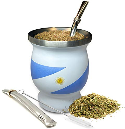 Norte Yerba Mate – Ensemble de tasses isothermes en acier inoxydable bleu et blanc de 237 ml avec 2 bombillas et brosse de nettoyage – Kit traditionnel Yerba Mate pour buveurs de thé, voyage et