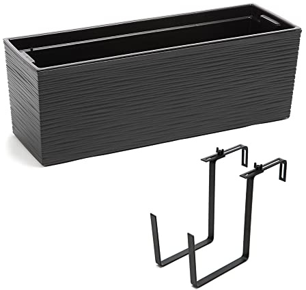 Balkonkasten Pflanzkasten Blumenkasten Wasserspeicher Kunststoff Geländerkasten flexible Metallhalterung pulverbeschichtet 56 x 18,5 x 19,5 cm 3 Oberflächendesign 5 Farben (Anthrazit, Meißeloptik)