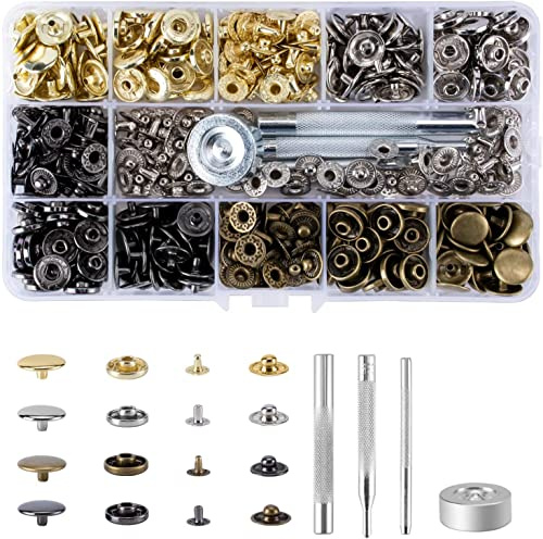 Qoosea Botones Presión Metalicos 120Set Corchetes Presion Metal Artesanía + 4PCS Herraminetas, Botones Automáticos, 12,5mm para Ropa, Jeans, Bolsos (12.5mm)