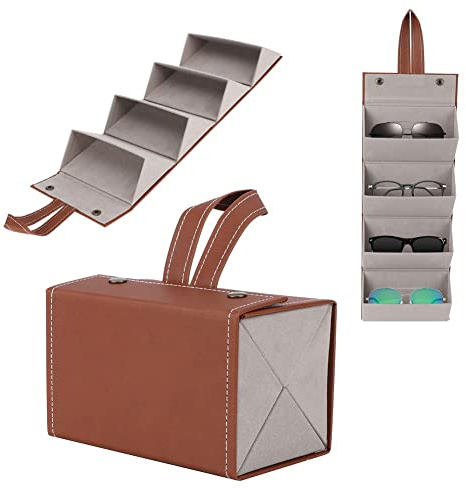Tissting Brillenetui faltbar, Elegantes PU Leder Brillenetui mit 4 Fächern für Sonnenbrillen und Uhren, Leichtes Aufbewahrungsorganizer für Reisen und Zuhause für Männer und Frauen