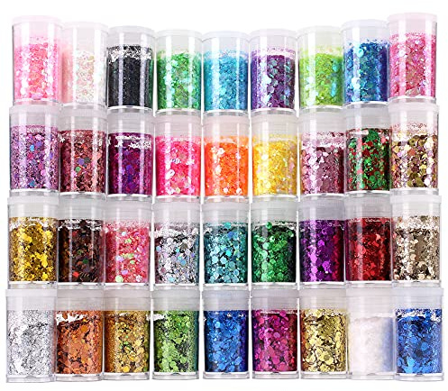 Estanoite Tjock och fin glitterblandning, 36 färger, skimrande glitterblandning, kosmetiska paljetter för ansikte, kropp, ögon, nagelkonst, lösa paljetter för epoxiharts